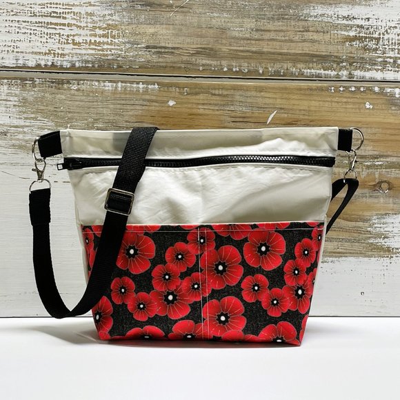 Recycled Sail Cloth Red Poppies Womens Crossbody Bag Handmade - Picture 2 of 7